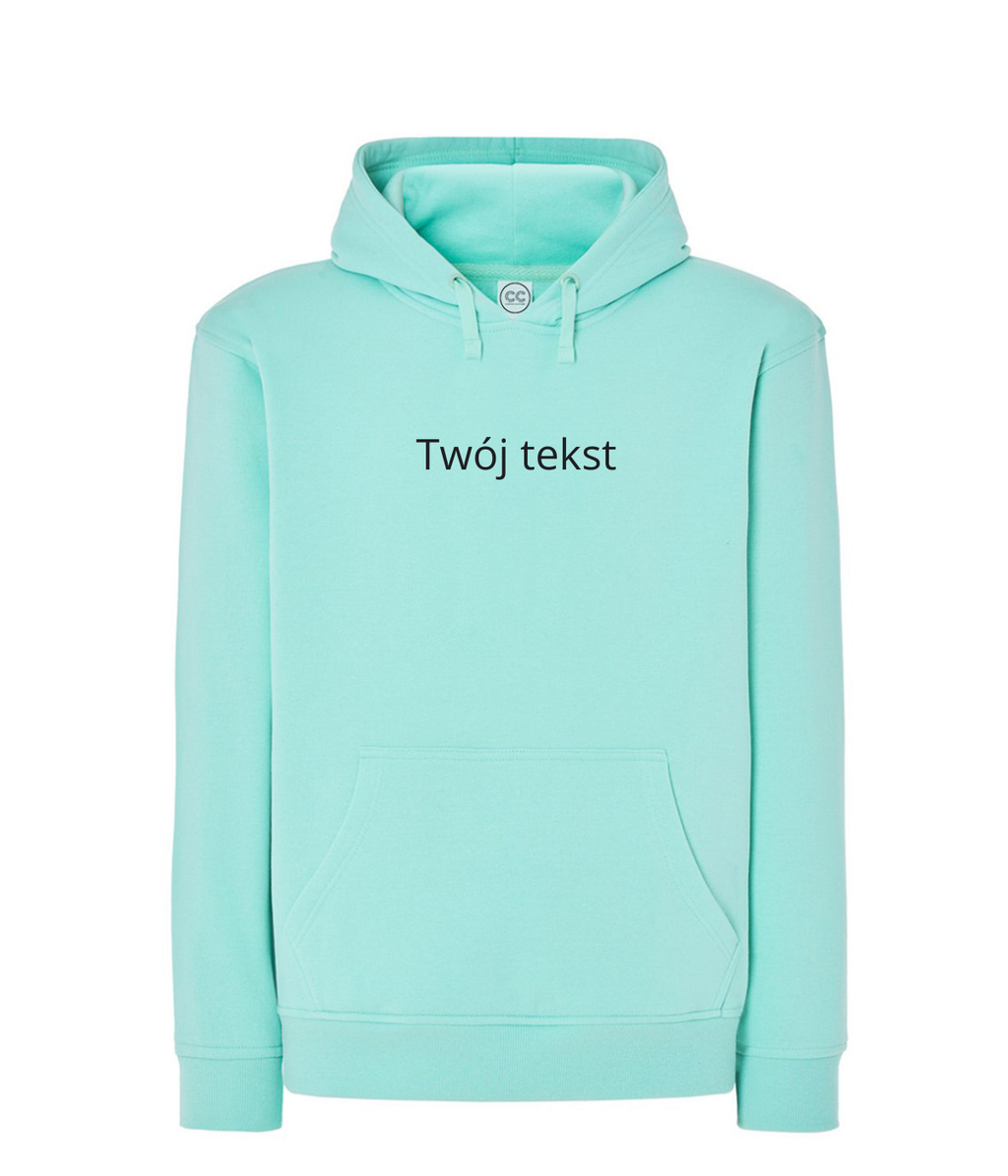 Personalized hoodie with custom embroidered small text on front, made by CustomClothes.pl. Gray hoodie with a subtle embroidered message.