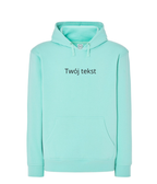 Personalized hoodie with custom embroidered small text on front, made by CustomClothes.pl. Gray hoodie with a subtle embroidered message.