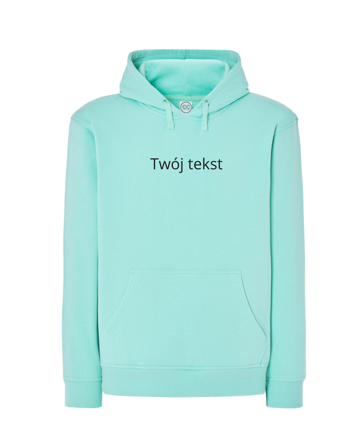 Personalized hoodie with custom embroidered small text on front, made by CustomClothes.pl. Gray hoodie with a subtle embroidered message.