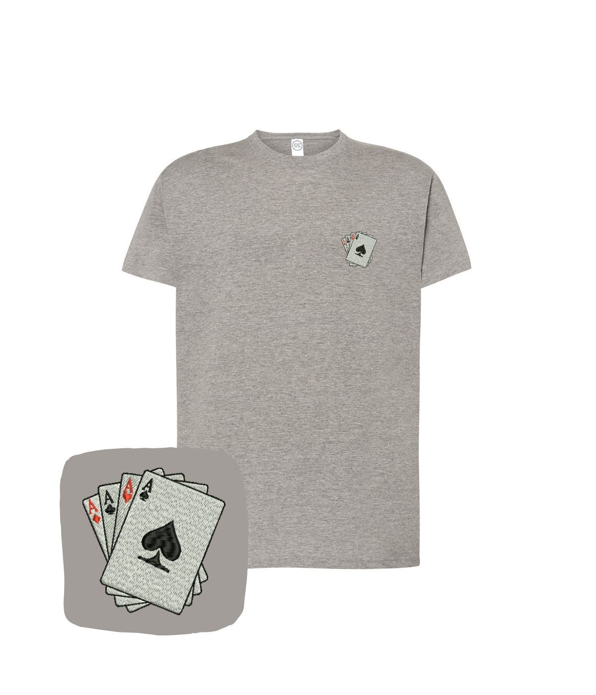 CustomClothes.pl embroidered T-shirt featuring a design of four aces playing cards on the front.