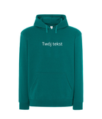 Personalized hoodie with small custom embroidered text, showcasing a cozy fit and soft fabric from CustomClothes.pl.