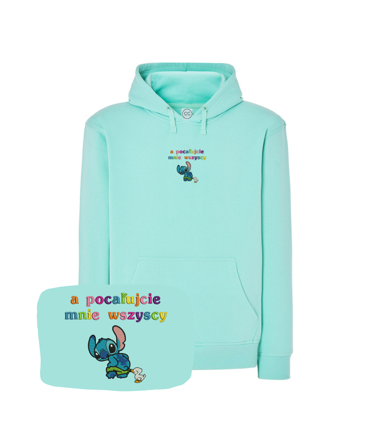 CustomClothes.pl blue hoodie with embroidered "Kiss Me All" design, casual style, displayed on a neutral background.