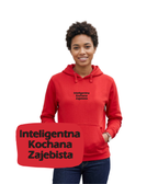 Blue hoodie with embroidered text "Inteligenta Kochana Zajebista" from CustomClothes.pl, featuring detailed embroidery and casual fit.
