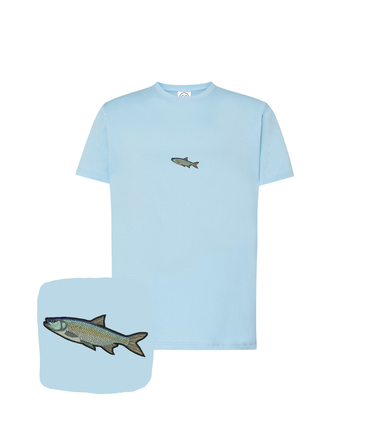 Light blue T-shirt with fish embroidery featuring a barbel, ideal as a fishing gift, by CustomClothes.pl.