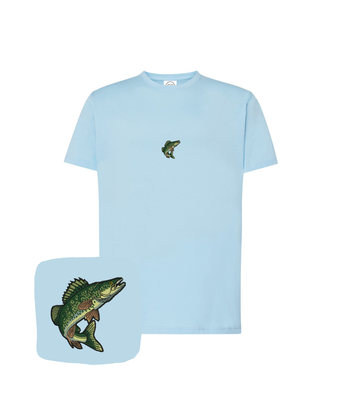 Light blue CustomClothes.pl fishing T-shirt with embroidered fish eye design, ideal for anglers and fishing enthusiasts.
