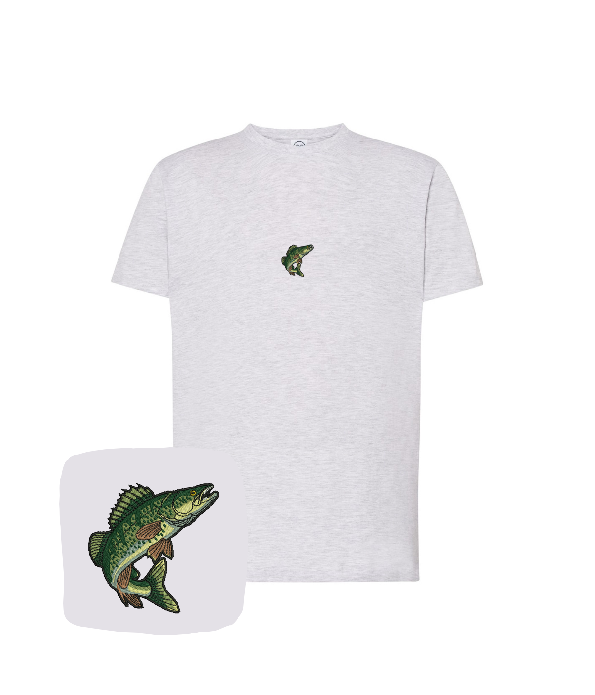 Light gray CustomClothes.pl T-shirt with embroidered fish Okoń design on the front.