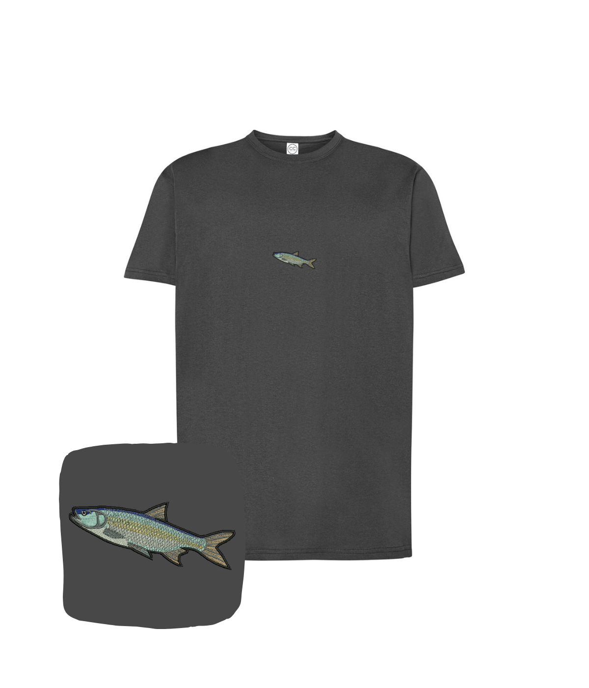 CustomClothes.pl fishing T-shirt with hand-embroidered perch design, casual short-sleeve shirt for anglers.