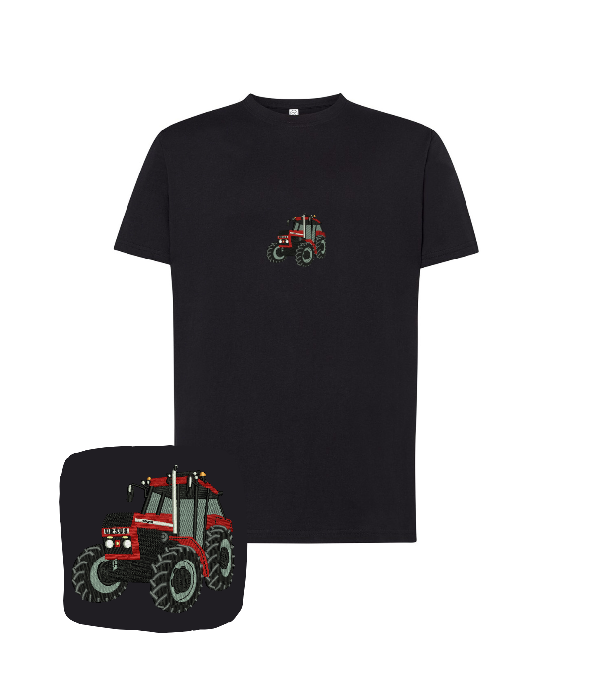 Black T-shirt with tractor embroidery from Ursus, featuring detailed stitched tractor design on the front.