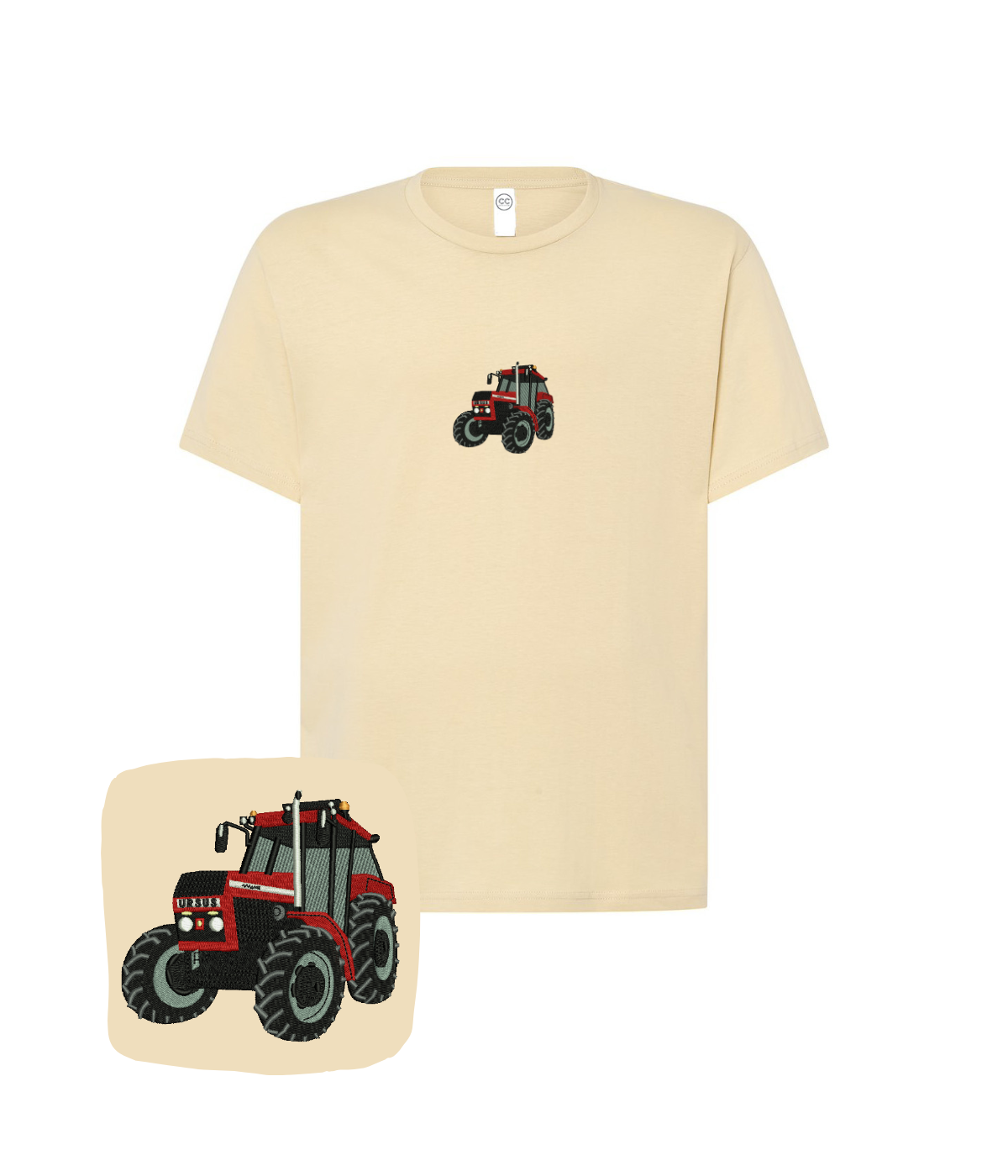Cotton T-shirt with tractor embroidery for farmers, featuring the Ursus tractor design by CustomClothes.pl.