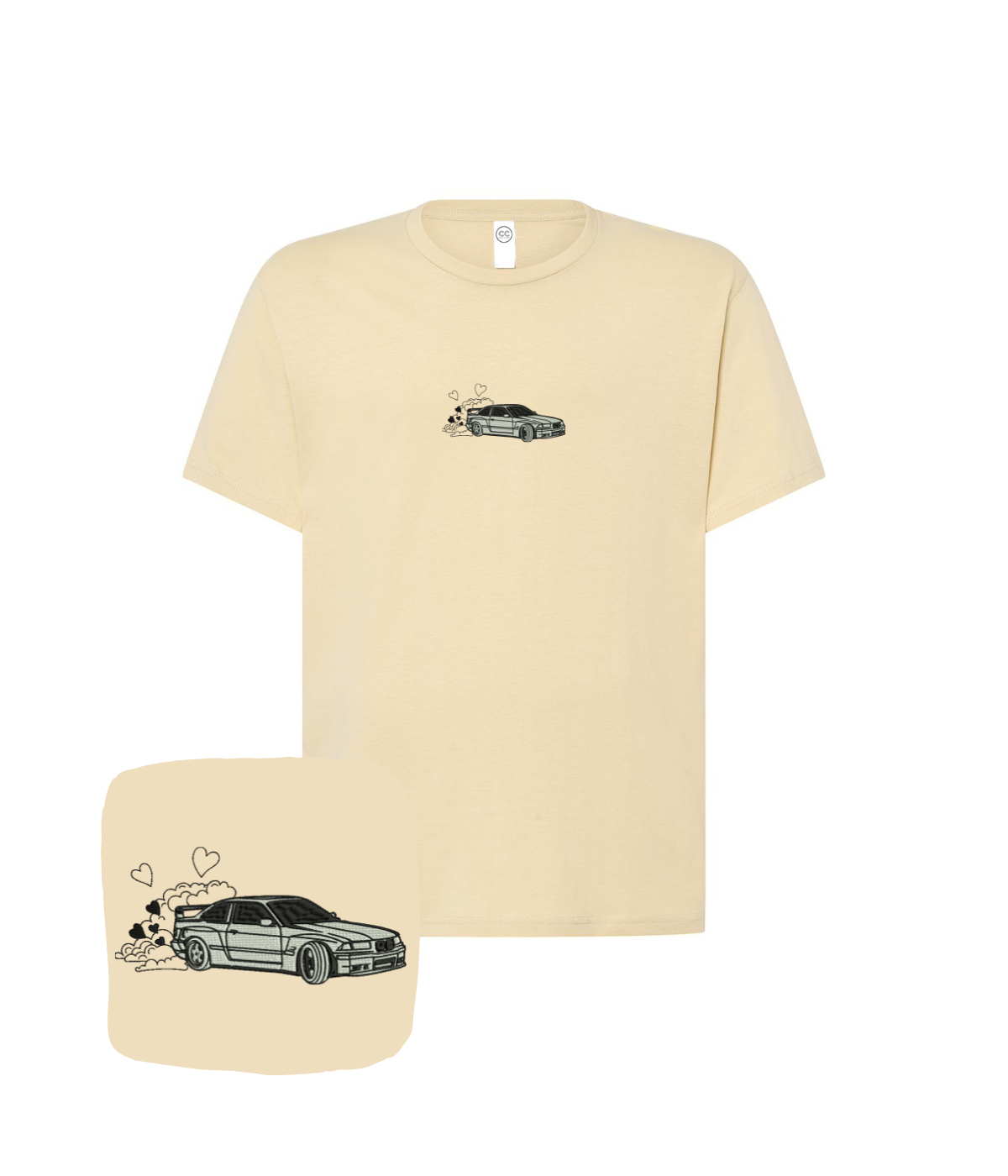 Beige BMW E36 embroidered t-shirt by CustomClothes.pl featuring a detailed BMW logo and design on the front.