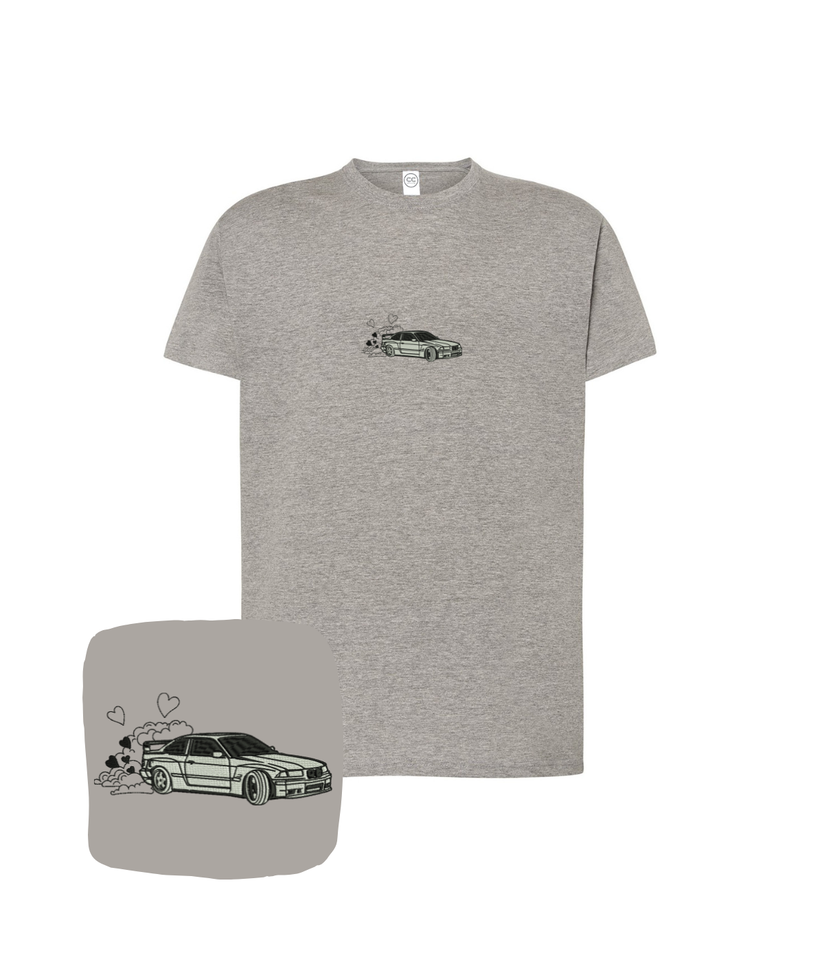 Dark gray BMW E36 embroidered T-shirt by CustomClothes.pl featuring a detailed BMW E36 logo design.