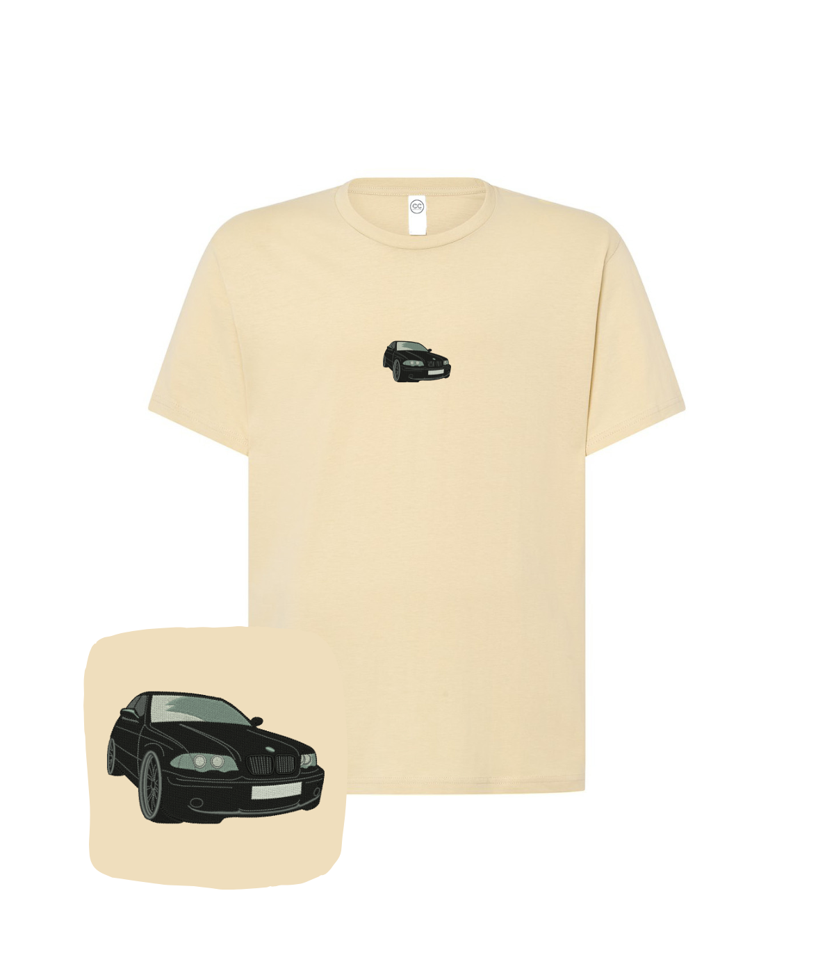 Black BMW E36 embroidered t-shirt by CustomClothes.pl featuring a detailed car emblem design.