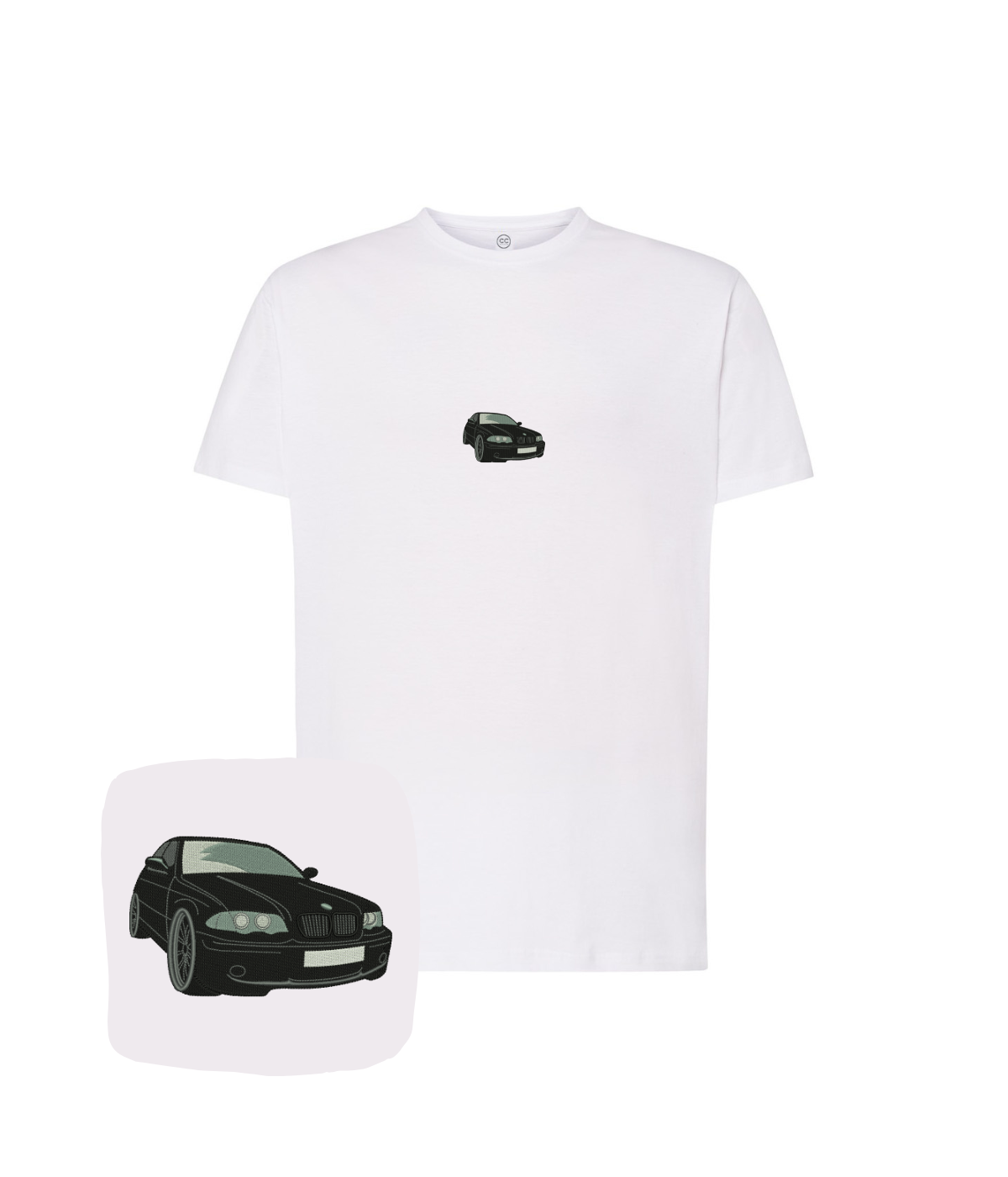 Black BMW E36 embroidered T-shirt by CustomClothes.pl with white detailing and embroidered BMW logo on the chest.
