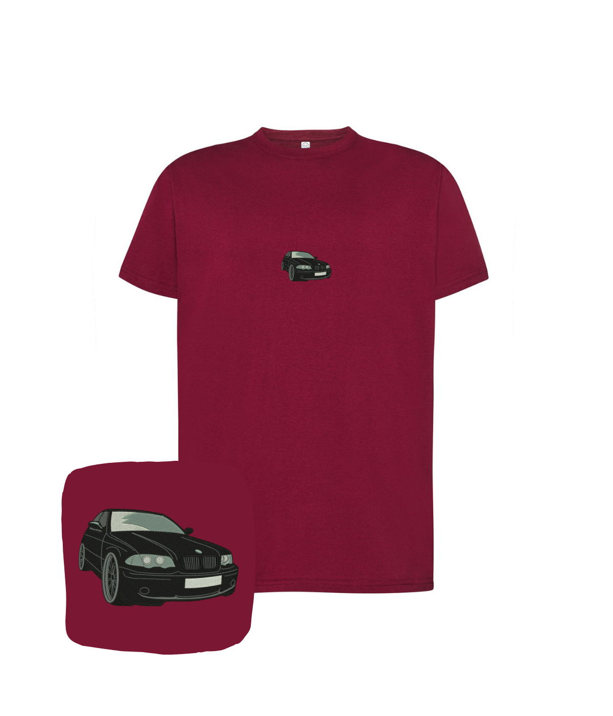 Black BMW E36 embroidered t-shirt by CustomClothes.pl, featuring detailed embroidery on the front.