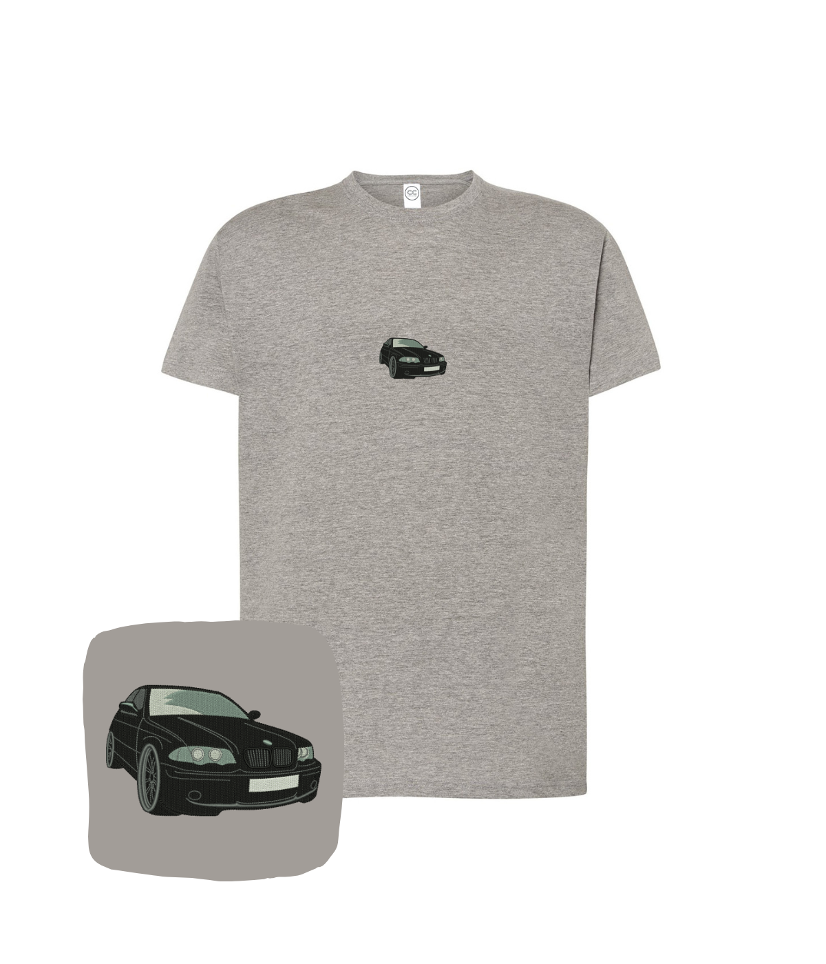 Black and dark gray BMW E36 embroidered T-shirt from CustomClothes.pl, featuring detailed embroidery on the front.