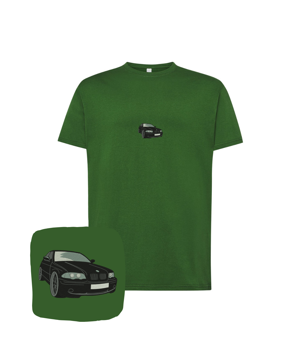 Black BMW E36 embroidered T-shirt in dark green with the CustomClothes.pl logo, showcasing detailed stitching and casual style.