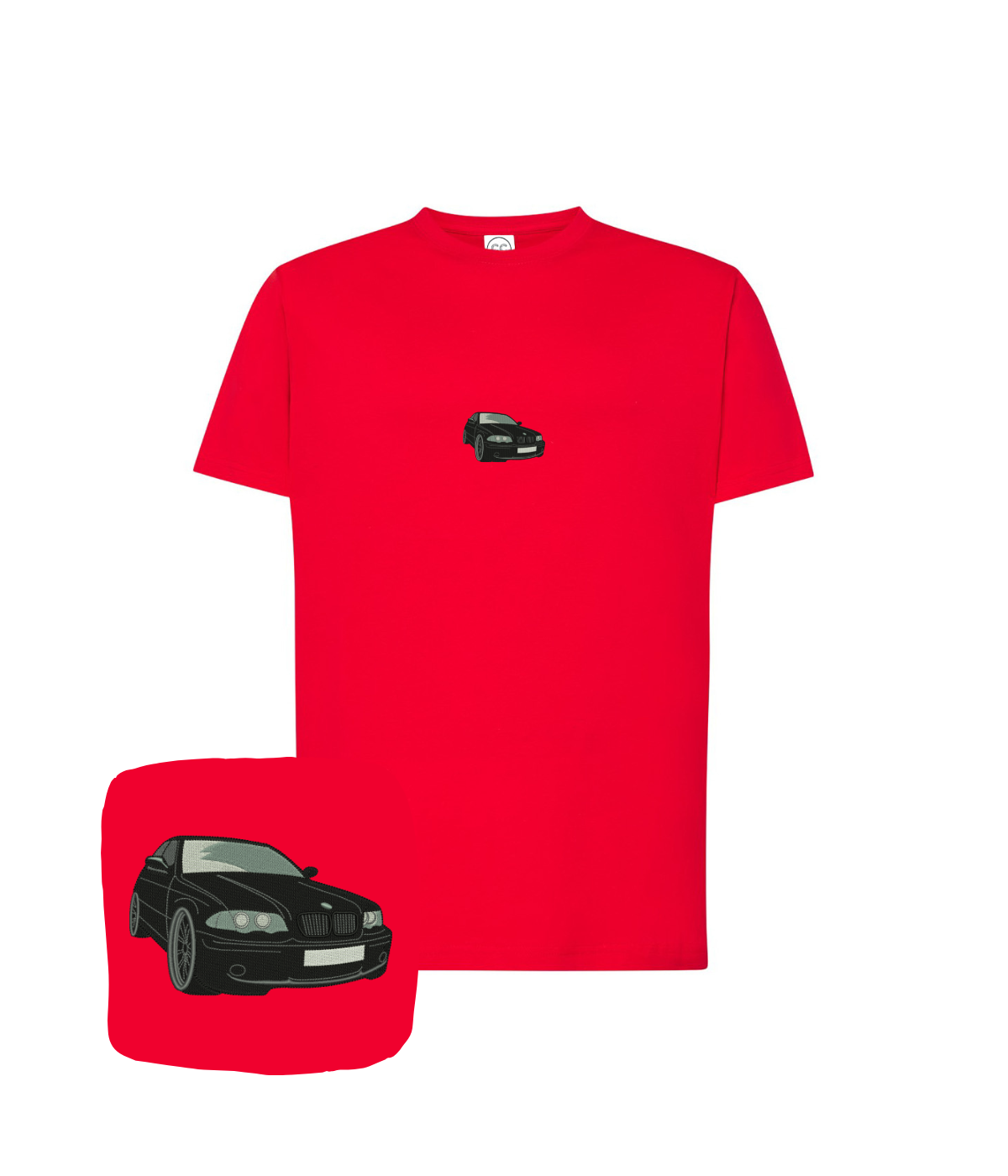 Black BMW E36 embroidered T-shirt from CustomClothes.pl featuring a red BMW E36 logo and detailed embroidery on the front.