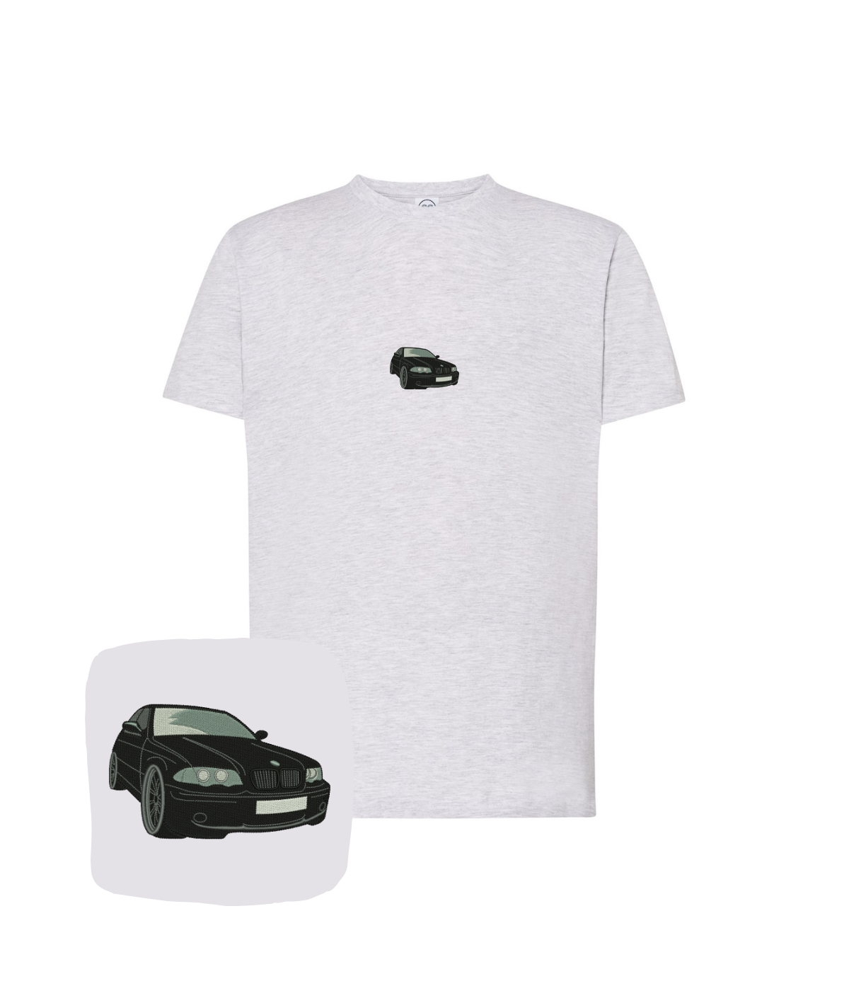 Black and light gray BMW E36 embroidered t-shirt by CustomClothes.pl with detailed BMW E36 logo design.