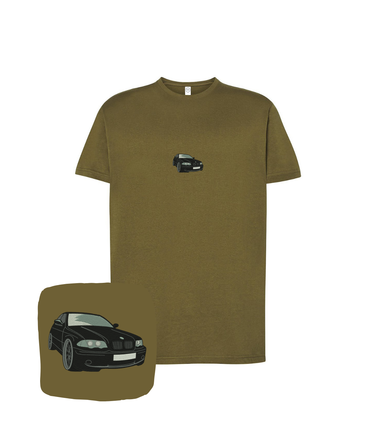 Black BMW E36 embroidered T-shirt by CustomClothes.pl featuring a stylish embroidered logo on the front.