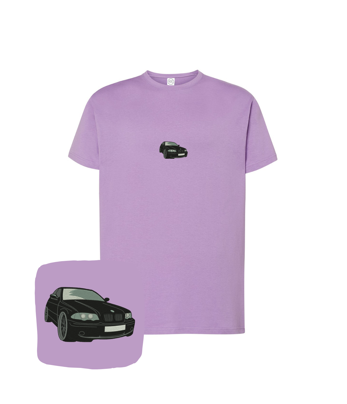 Black BMW E36 embroidered T-shirt by CustomClothes.pl featuring a stylish embroidered BMW E36 design on the front.