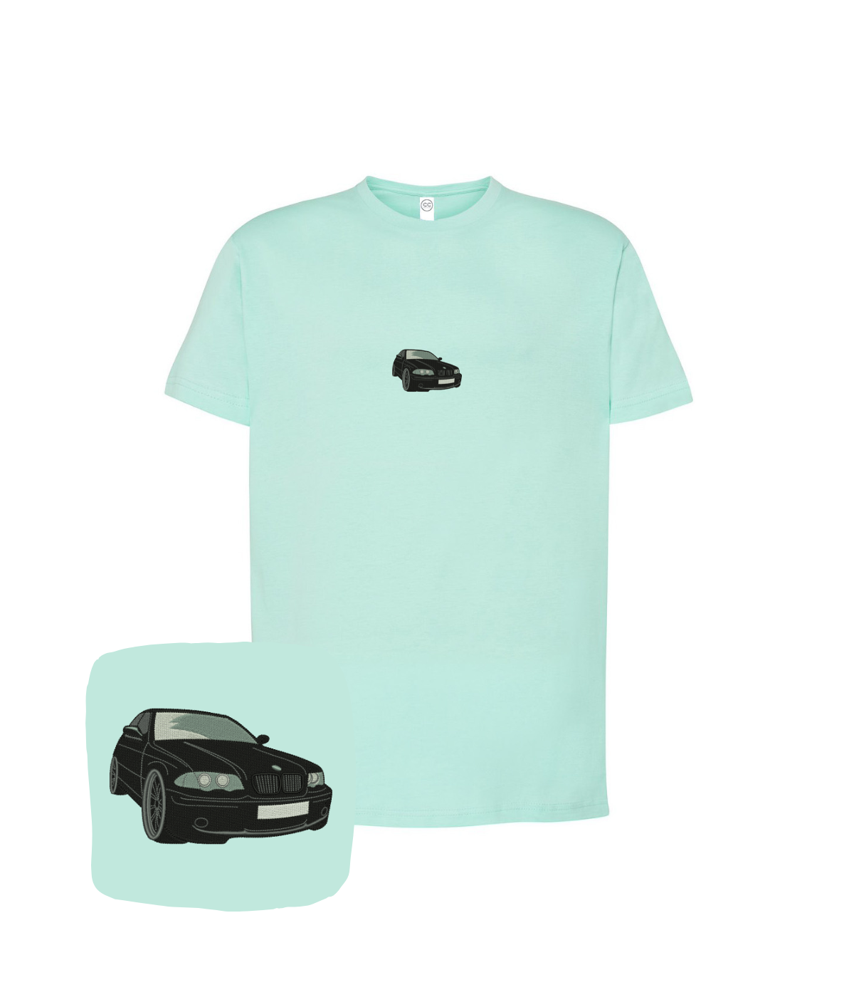 Black BMW E36 embroidered t-shirt from CustomClothes.pl featuring a detailed embroidered BMW E36 logo on the front.