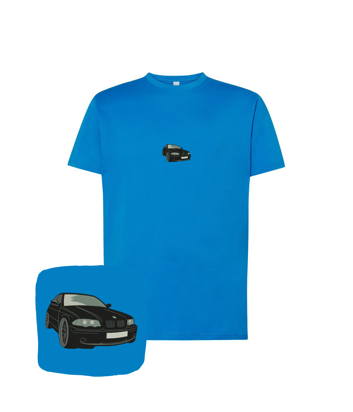 Black T-shirt with embroidered BMW E36 logo in blue, featuring a casual fit and detailed stitching, by CustomClothes.pl.