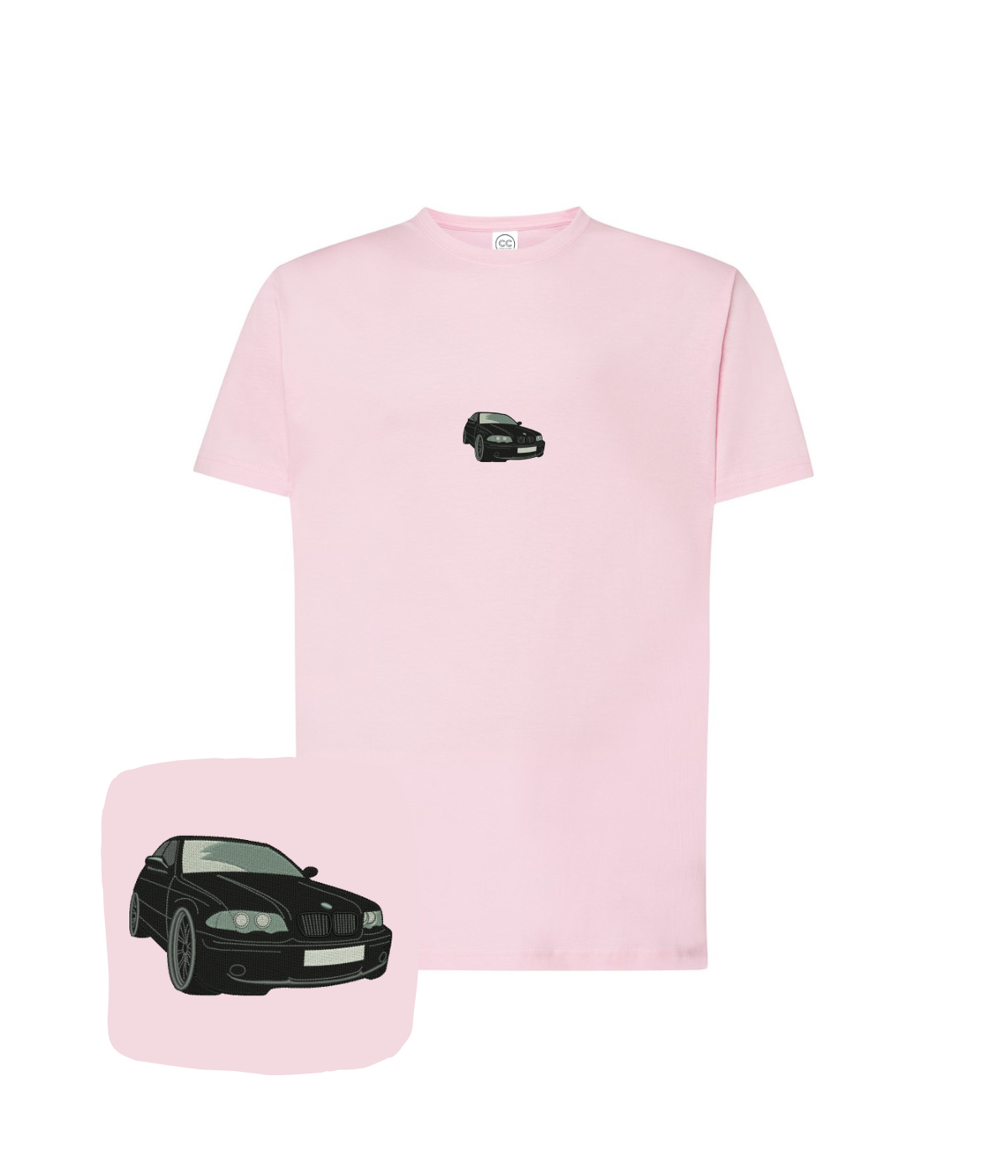 Black BMW E36 embroidered T-shirt by CustomClothes.pl, featuring detailed pink embroidery on the front.