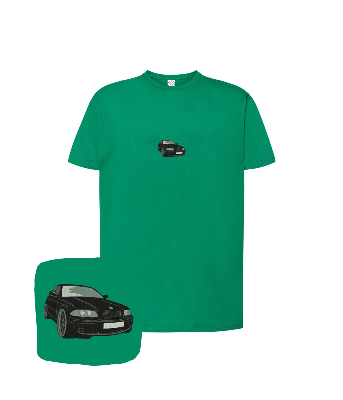 Black BMW E36 embroidered T-shirt from CustomClothes.pl featuring a green and black design on the front.