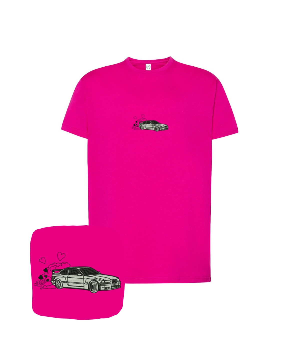 Pink BMW E36 embroidered T-shirt from CustomClothes.pl, featuring detailed BMW logo embroidery on the front.