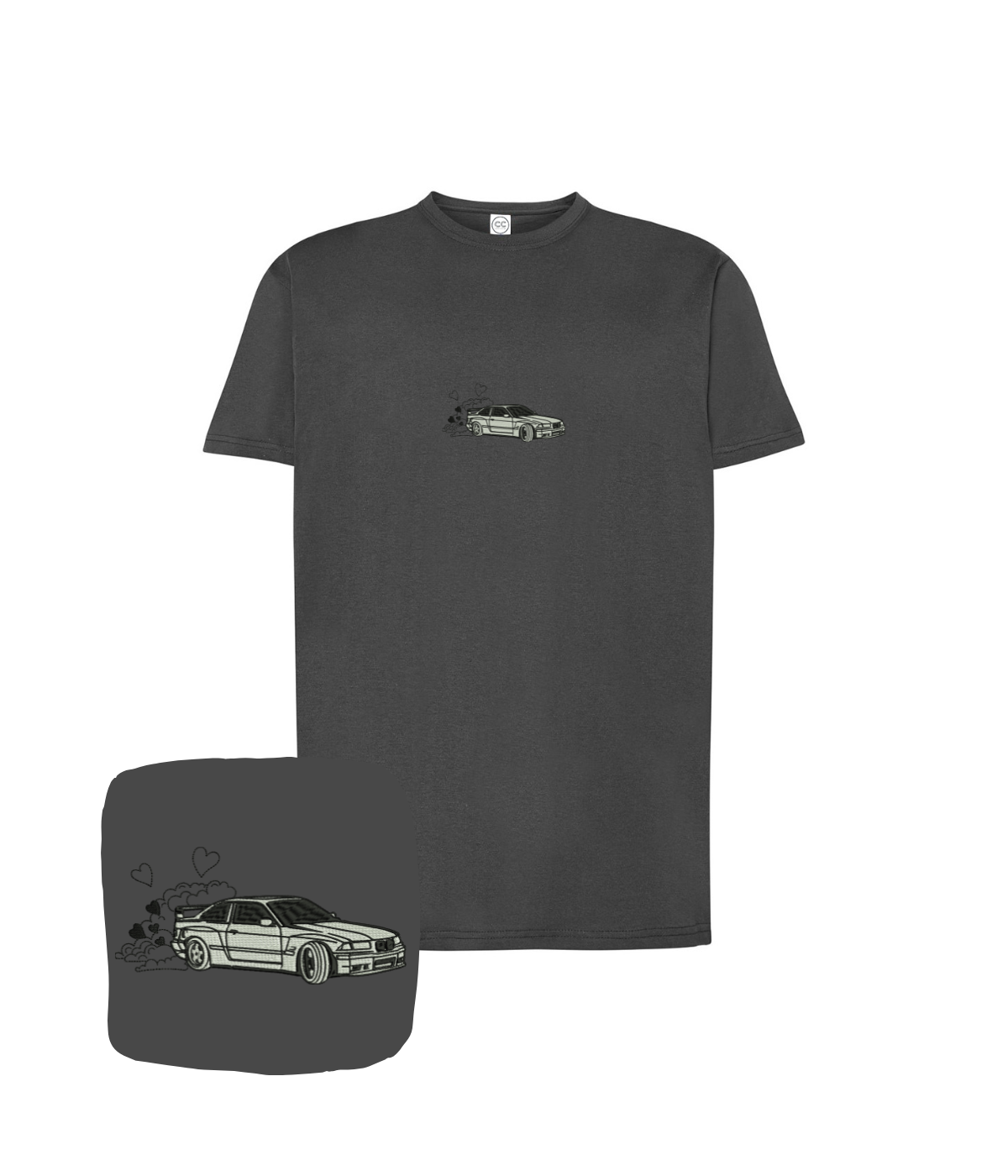 Grafitowa koszulka z haftem BMW E36 od CustomClothes.pl, casual t-shirt z widocznym logo i szczegółami haftu.