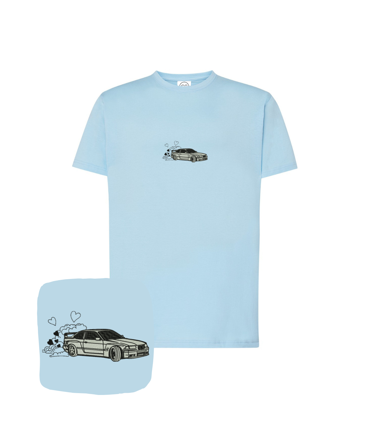 Light blue BMW E36 embroidered t-shirt from CustomClothes.pl, featuring detailed BMW E36 logo embroidery on the front.