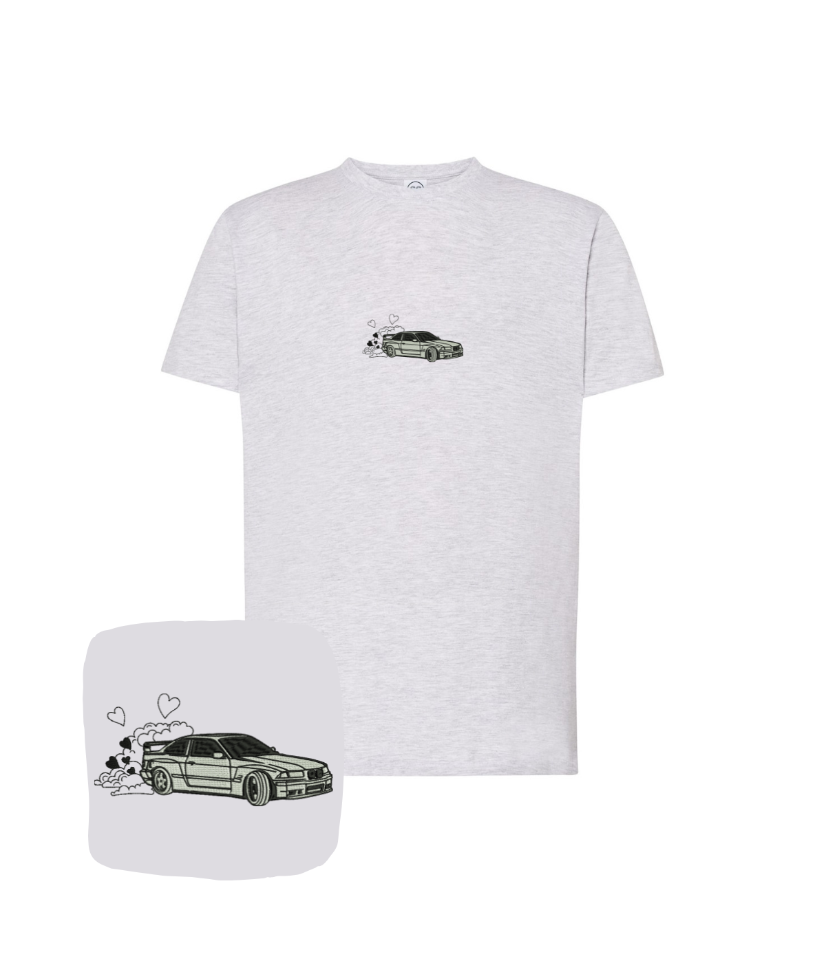 Light gray T-shirt with embroidered BMW E36 logo from CustomClothes.pl, featuring a detailed BMW E36 design on the front.