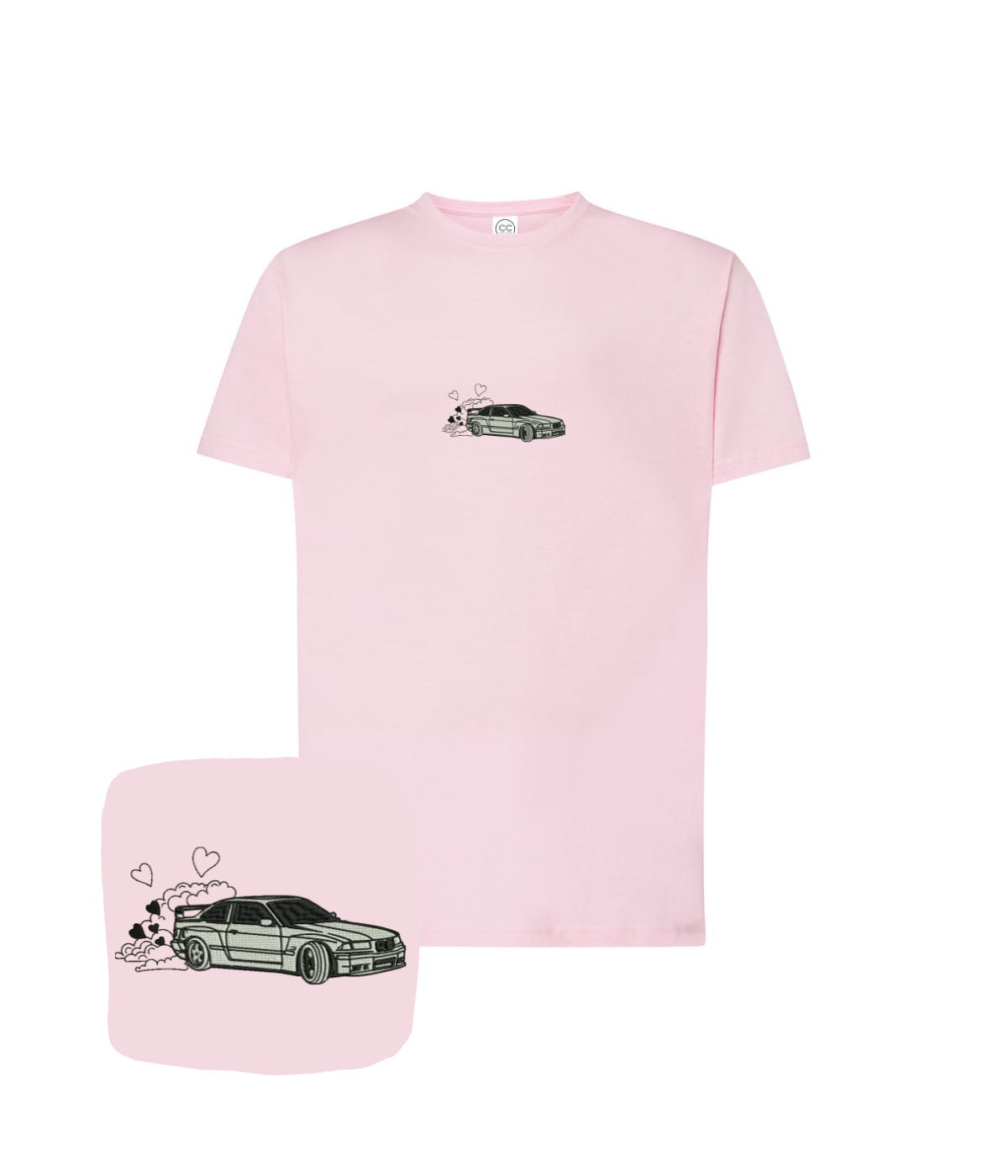 Pink BMW E36 embroidered T-shirt by CustomClothes.pl featuring detailed BMW logo and classic car design.