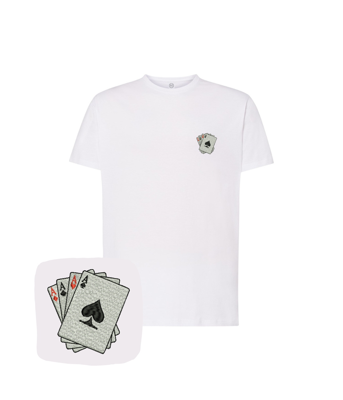 White T-shirt with embroidered four aces design by CustomClothes.pl, showcasing detailed needlework on the front.