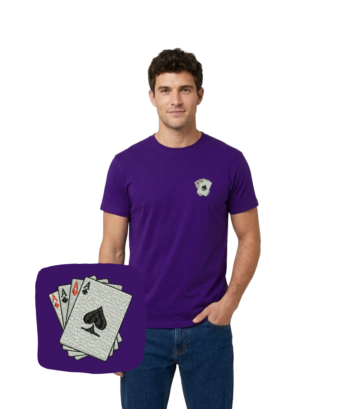 White T-shirt with embroidered four aces design from CustomClothes.pl, front view showing detailed card artwork.
