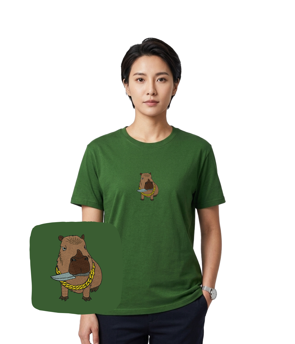 White T-shirt with embroidered capybara design from CustomClothes.pl, front view showcasing the detailed embroidery.