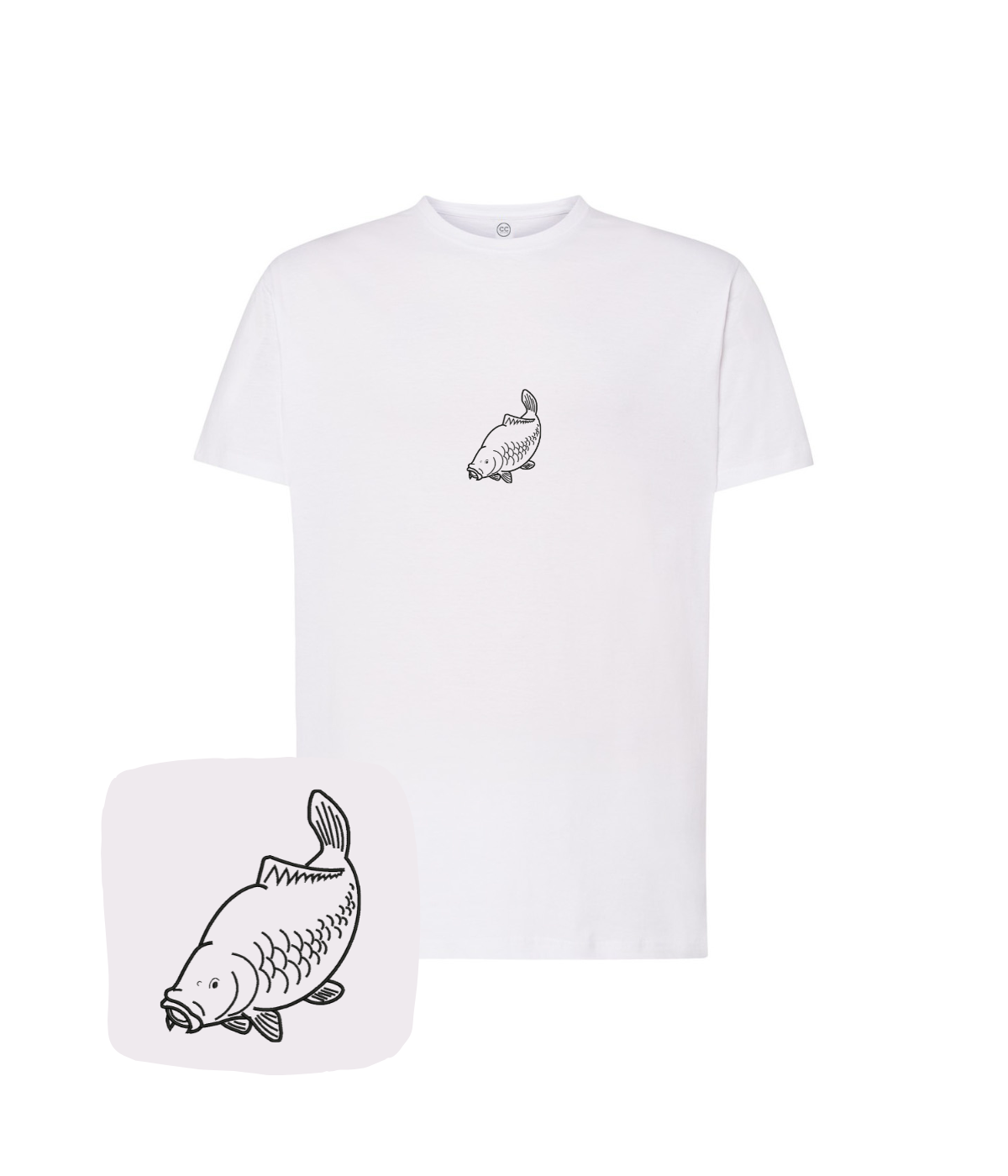 White T-shirt with embroidered carp outline design from CustomClothes.pl, featuring detailed fish embroidery on the front.