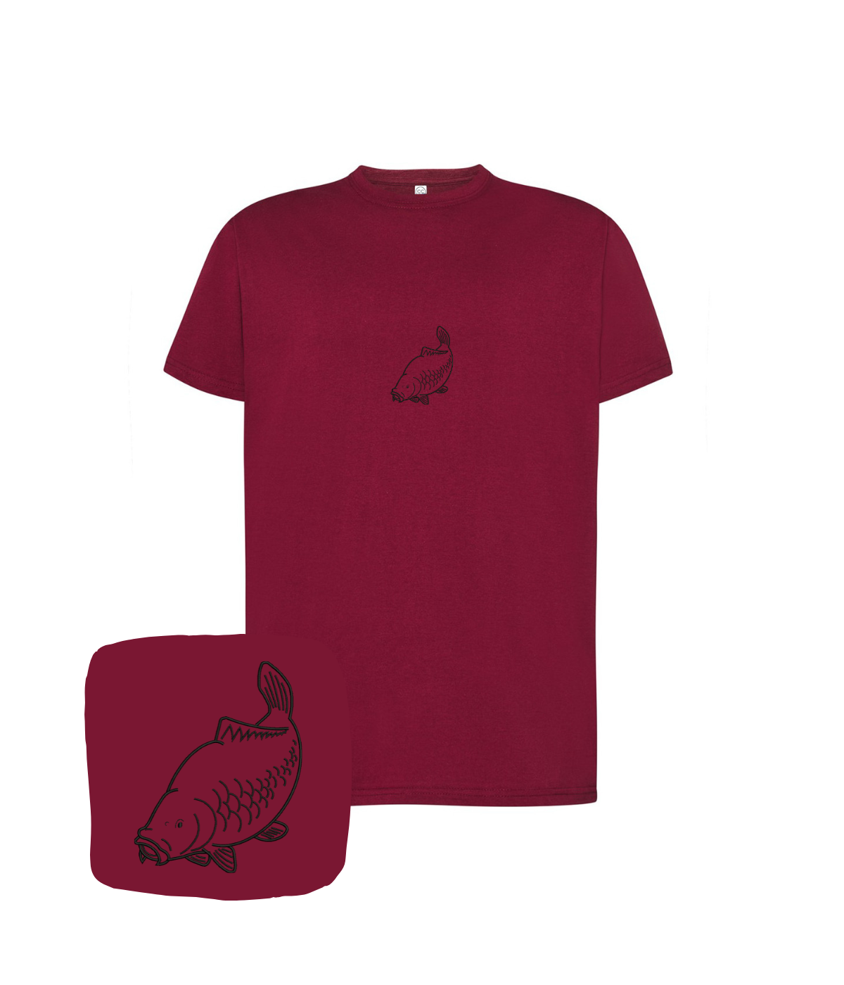 Bordowa koszulka z haftem obrysu karpia, casual t-shirt by CustomClothes.pl, featuring detailed carp outline embroidery.