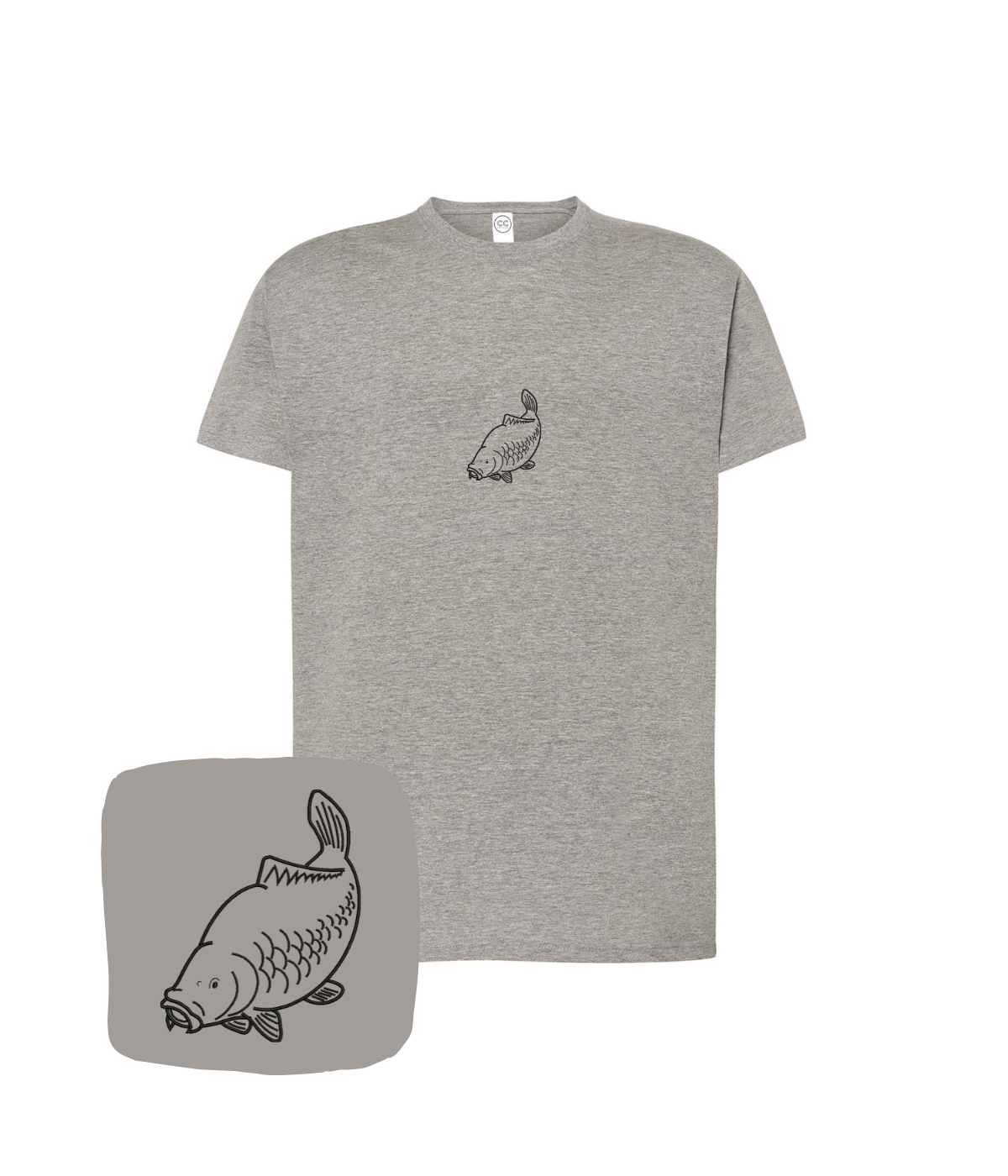 Dark gray T-shirt with a carp outline embroidery, featuring detailed fish design on the front by CustomClothes.pl