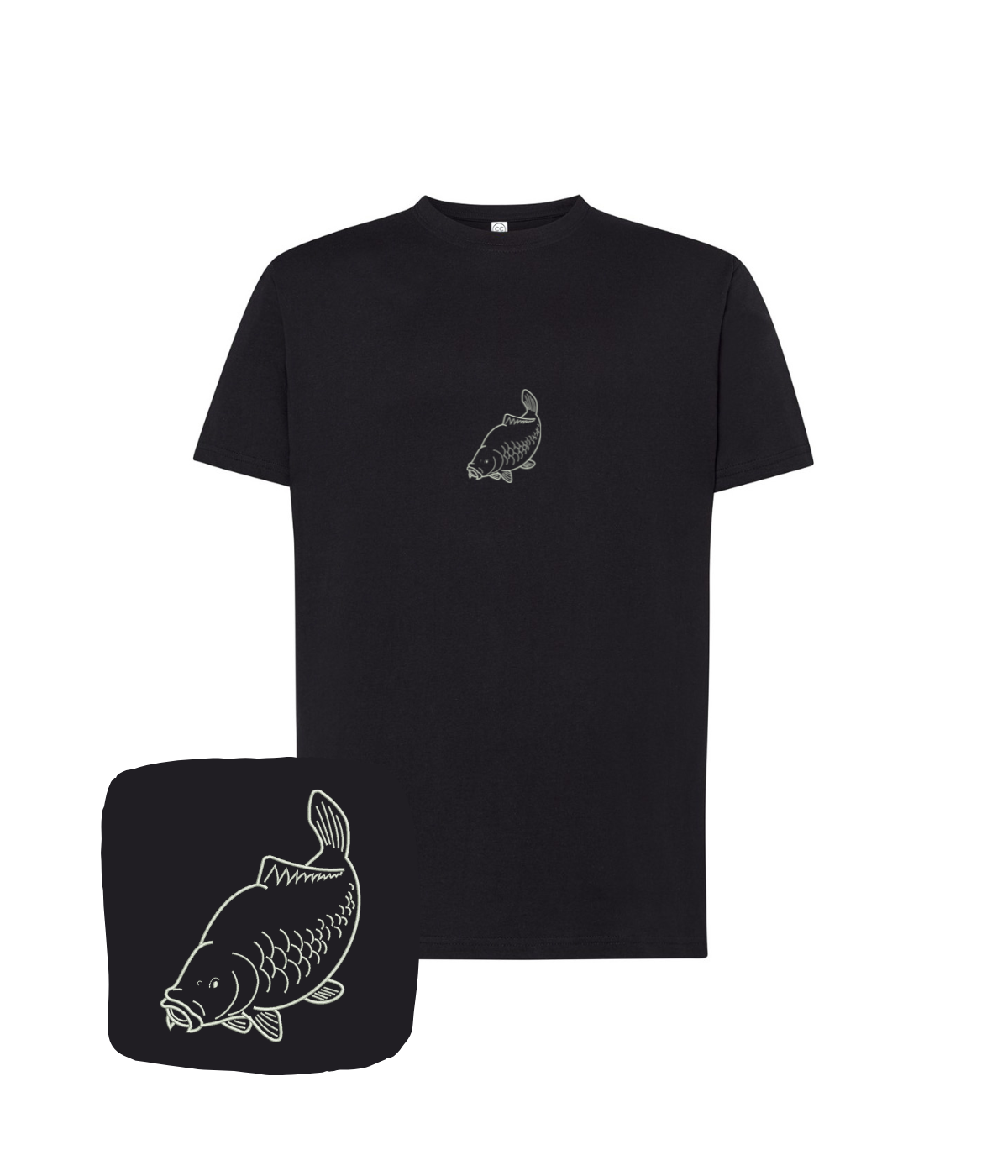 Black T-shirt with embroidered carp outline design by CustomClothes.pl, featuring detailed stitching on the front.