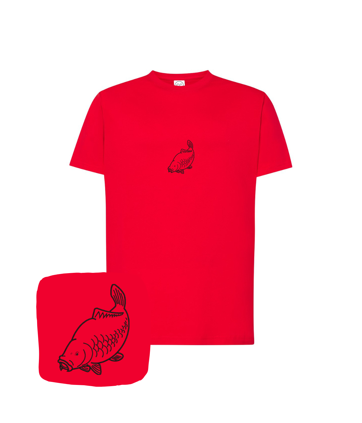 Red CustomClothes.pl T-shirt with fish outline embroidery, showcasing detailed stitching on the front.