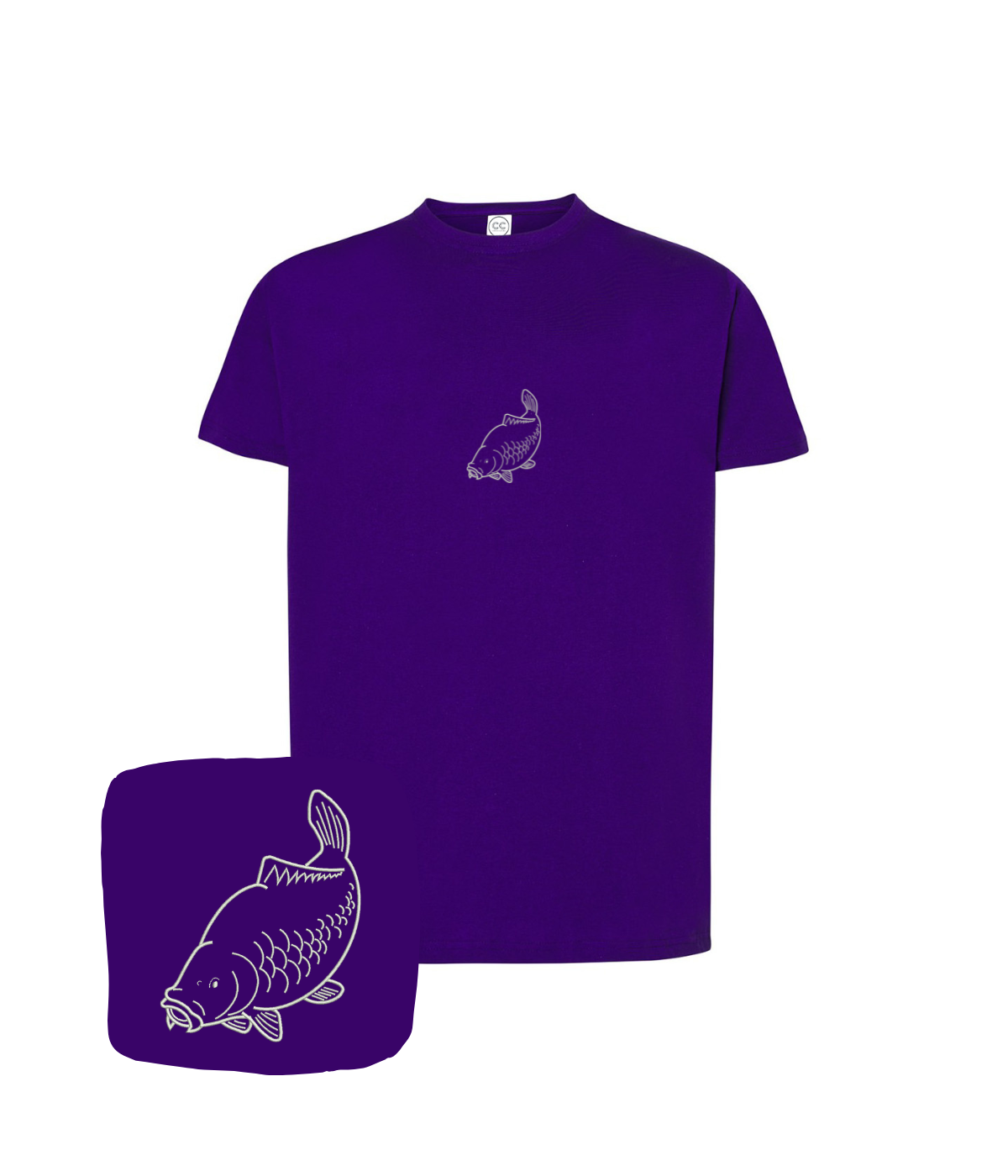 Purple T-shirt with embroidered carp outline design by CustomClothes.pl, showcasing the detailed fish embroidery on the front.