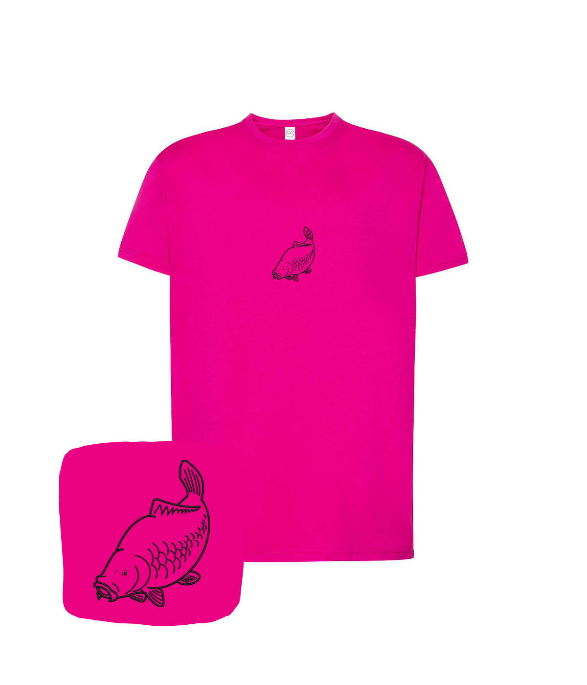Pink t-shirt with fish outline embroidery by CustomClothes.pl, featuring a detailed carp design on the front.