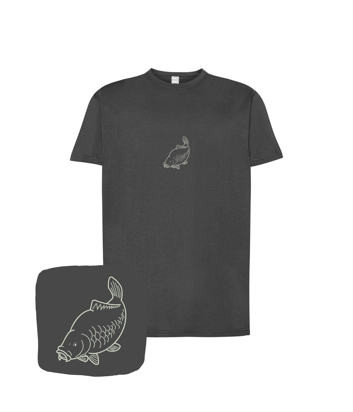 Grafitowa koszulka z haftem obrysu karpia od CustomClothes.pl, miękka tkanina i szczegółowe wykończenie haftem.
