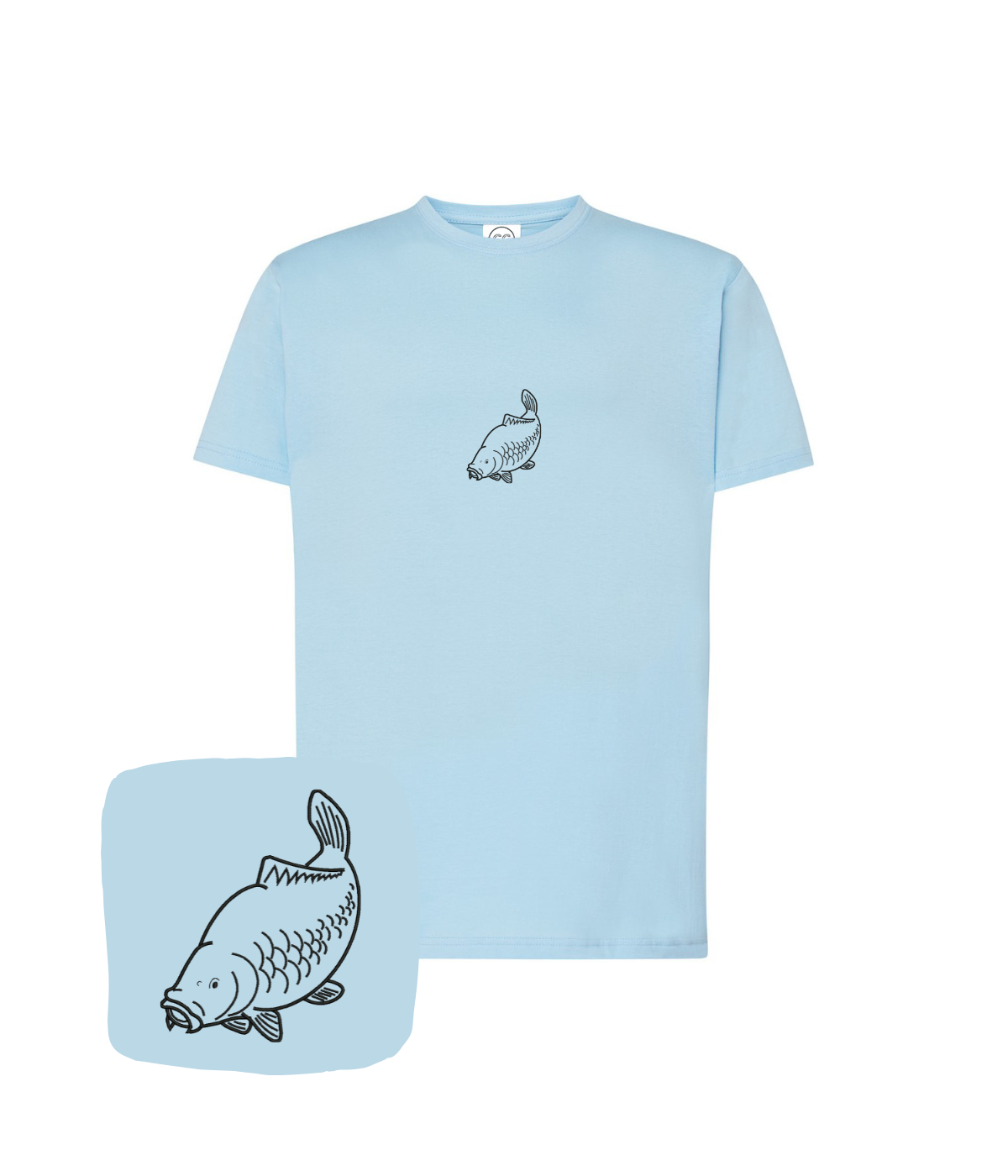 Light blue T-shirt with fish outline embroidery from CustomClothes.pl, featuring a detailed carp design on the front.