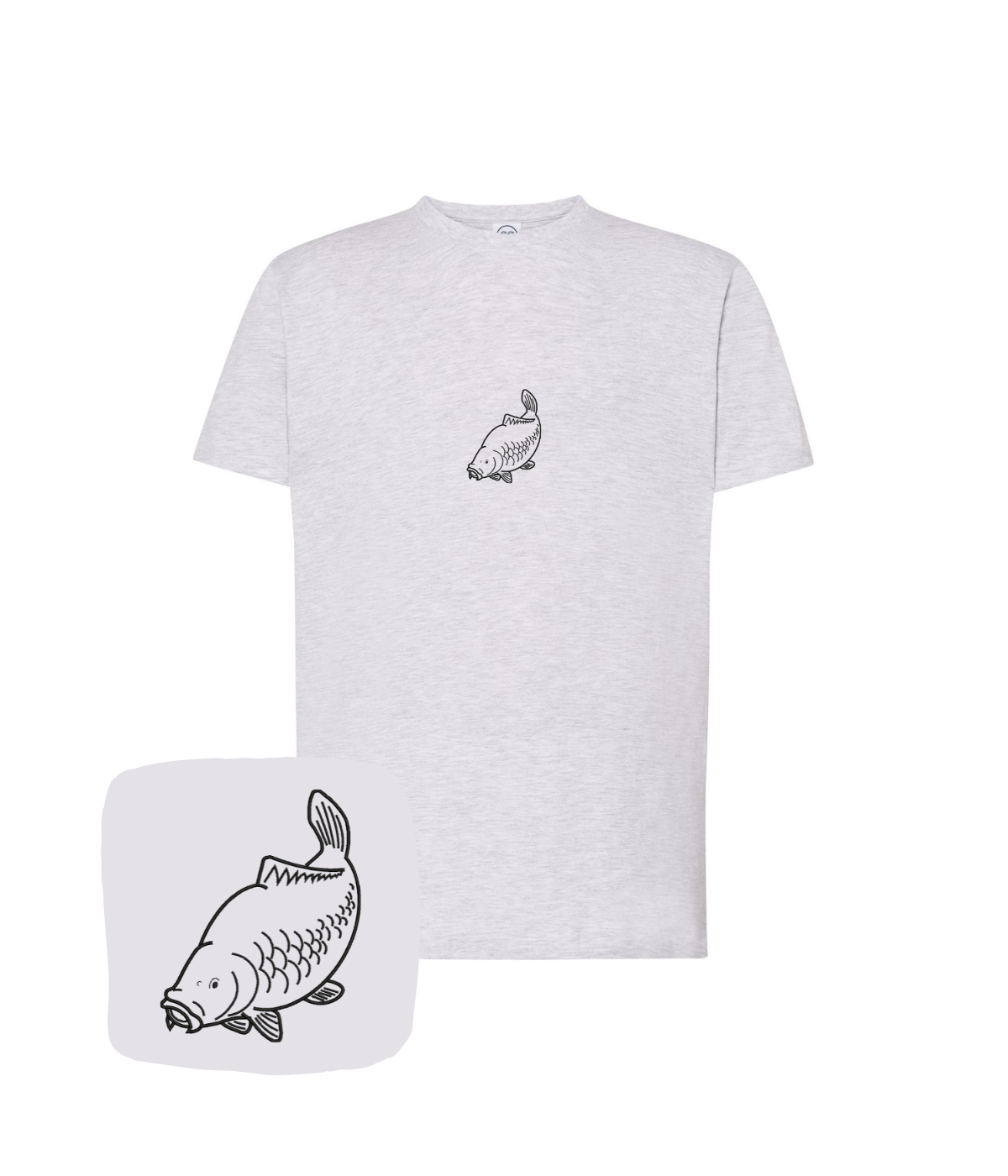 Light gray T-shirt with embroidered outline of a carp fish by CustomClothes.pl, showcasing detailed stitching on the front.