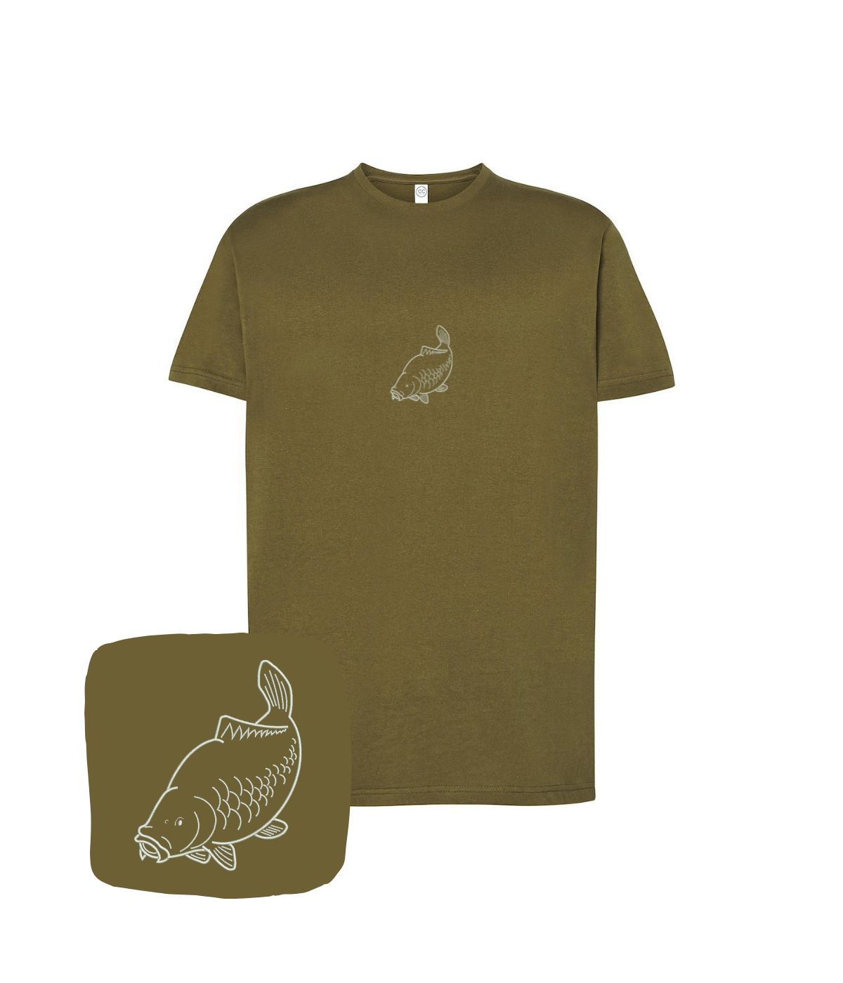 Khaki T-shirt with carp outline embroidery from CustomClothes.pl, featuring detailed fish design on the front.