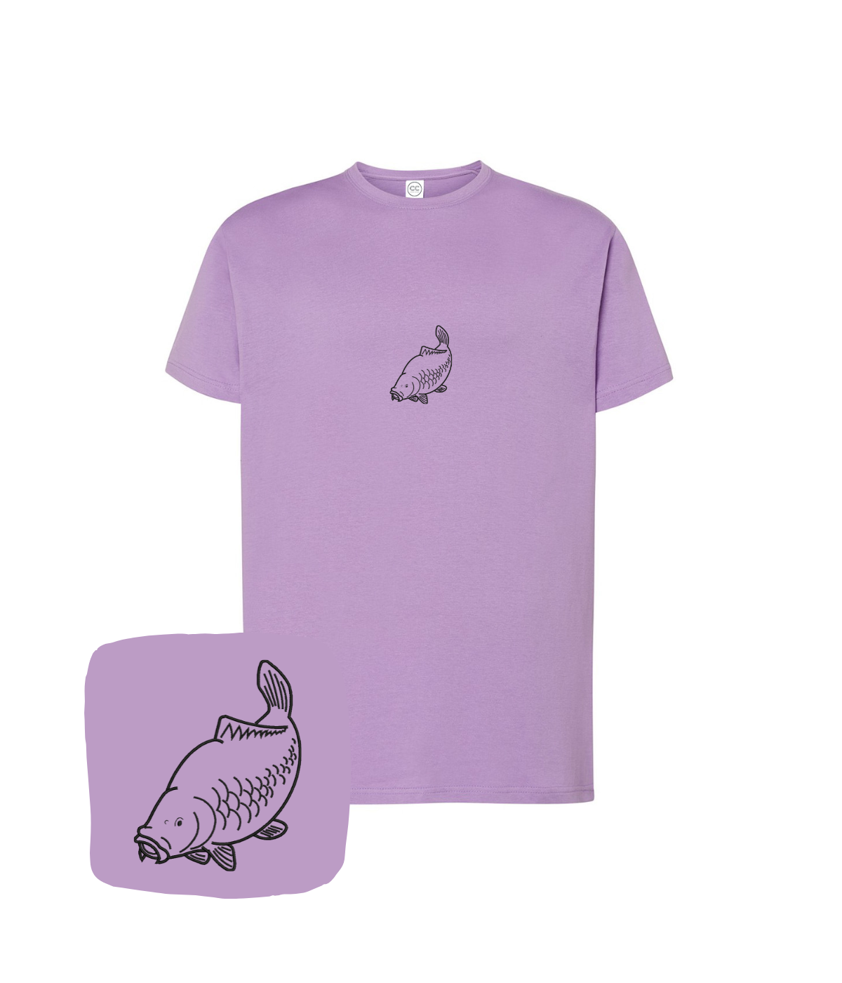 Lavender T-shirt with fish outline embroidery by CustomClothes.pl, featuring detailed carp design on front.