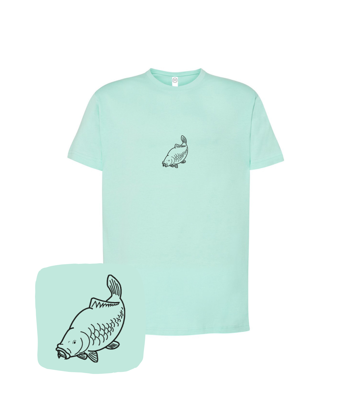 Green T-shirt with embroidered outline of a carp fish, featuring detailed stitching on the front, by CustomClothes.pl.
