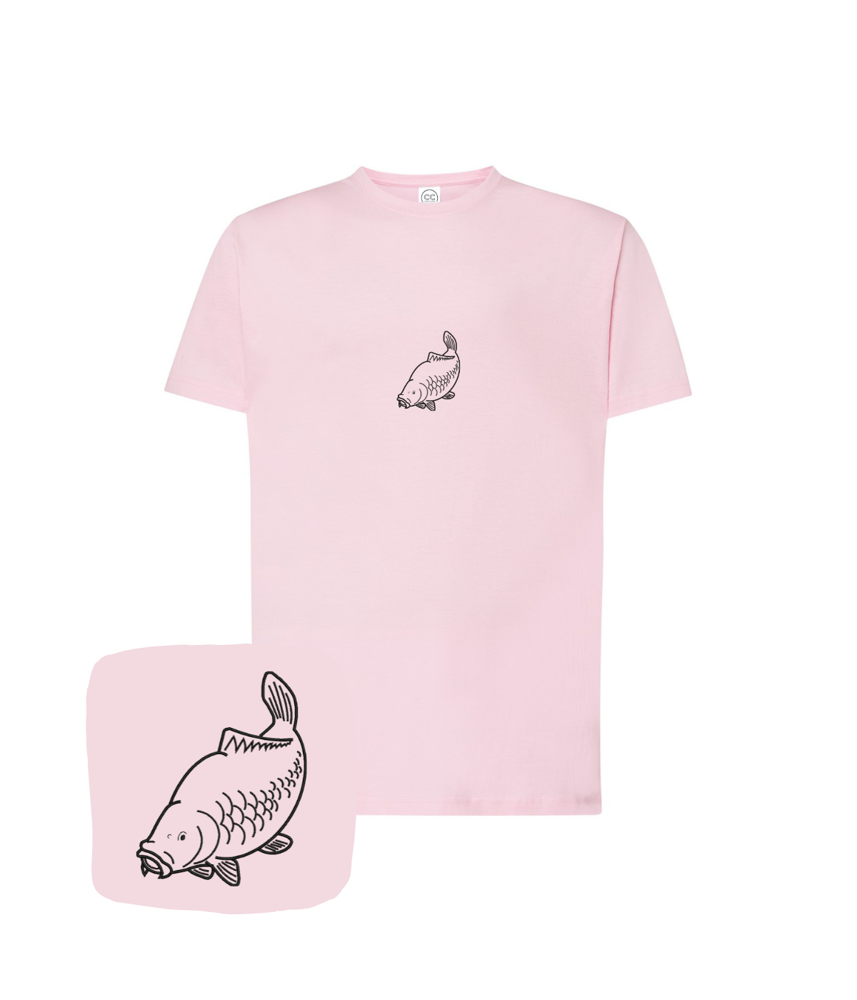 Pink T-shirt with embroidered outline of a carp fish, by CustomClothes.pl, featuring detailed fish embroidery on the front.